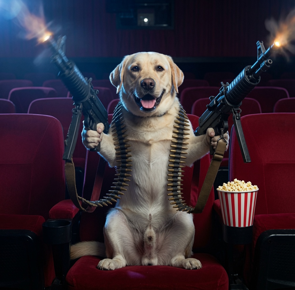 CHOPDOG sitting in a movie theater with popcorn and fictional chopper energy.