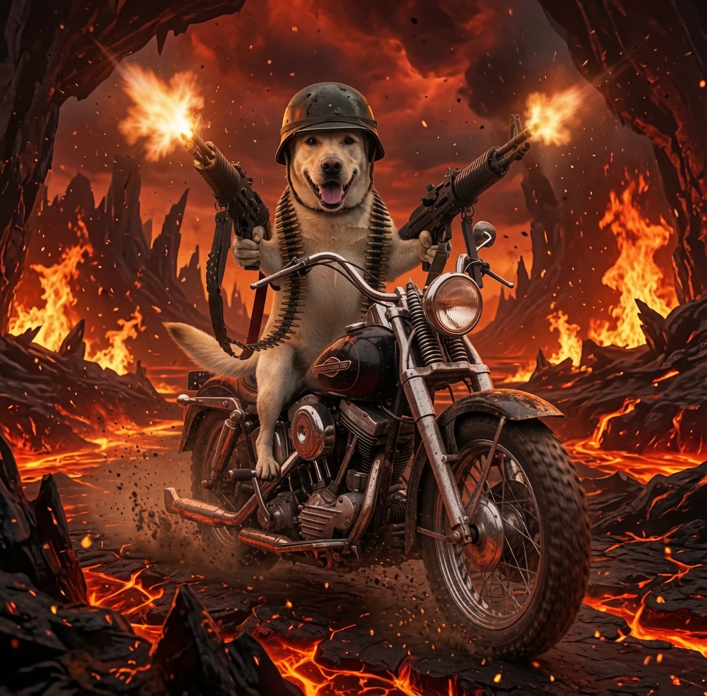 CHOPDOG riding a motorcycle through a fiery action meme scene.