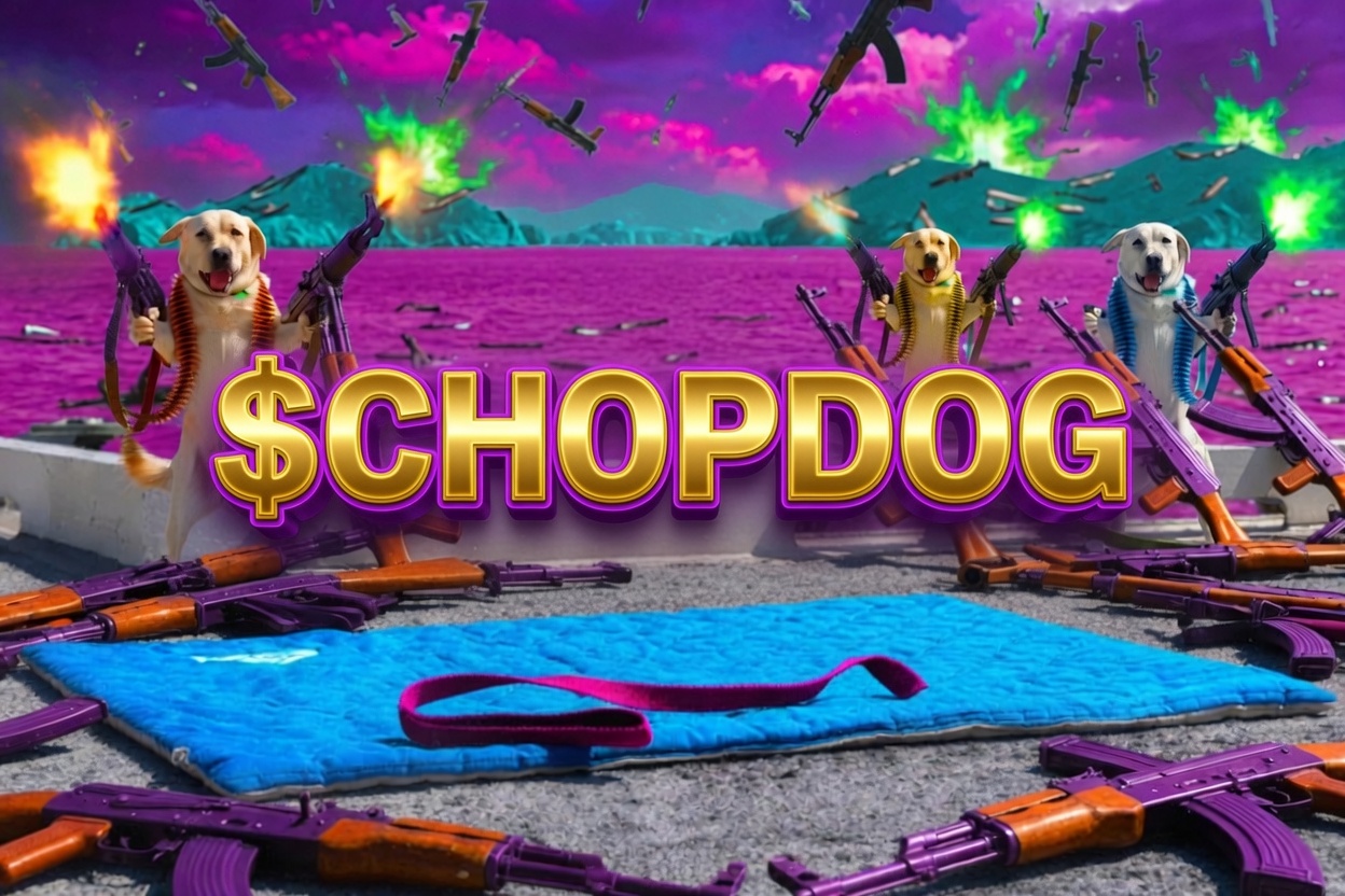 CHOPDOG token banner meme with multiple dogs on a neon carrier deck.