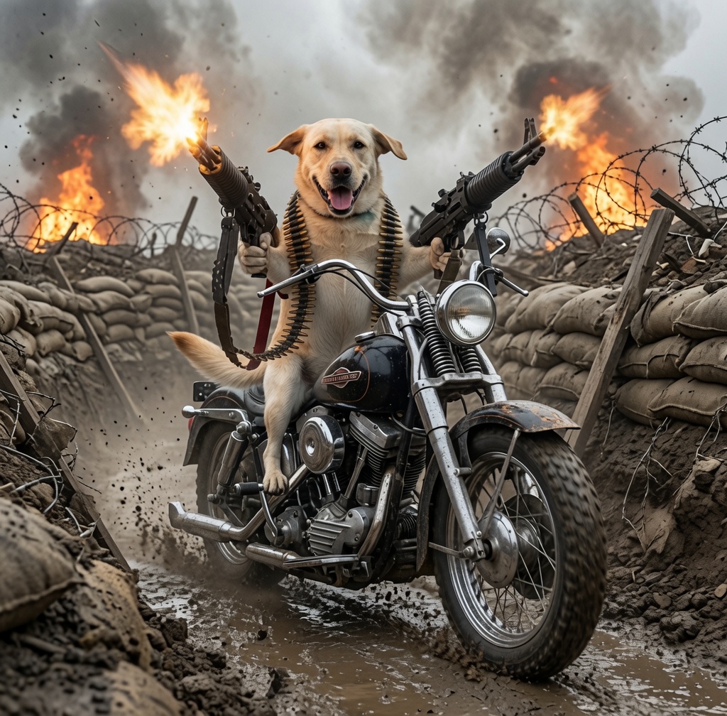 CHOPDOG riding a motorcycle through a fictional battlefield meme scene.